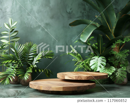 Wooden Platform Display with Lush Tropical Plants on Green Wall Wooden Platform Display with Lush Tropical Plants on Green Wall 117060852