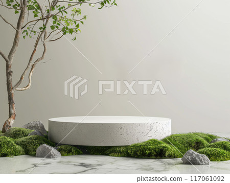 Minimalist Concrete Podium with Green Moss and a Tree Branch 117061092