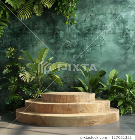 Wooden Platform with Tropical Plants Against Green Wall 117061331