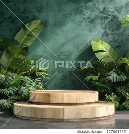 Two-Tiered Wooden Platform Surrounded by Tropical Greenery Against a Green Wall 117061335