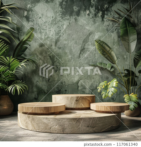 Wooden Display Platform with Green Plants against a Rough Wall 117061340
