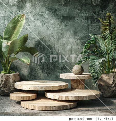 Wooden Display Stand with Tropical Plants Against a Green Wall 117061341