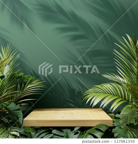 Wooden Platform with Tropical Foliage and Green Wall 117061350