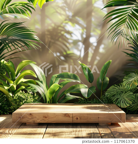 Wooden Platform Surrounded by Lush Tropical Foliage with Sunlight Filtering Through Leaves 117061370