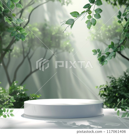 White Pedestal Display Surrounded by Lush Greenery in a Forest Setting 117061406
