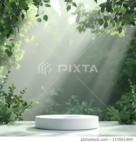 White Platform in a Lush Green Forest Setting with Sunlight Streaming Through the Trees 117061409