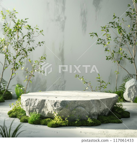 Stone Platform with Greenery and a White Background 117061433