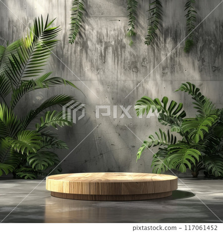 Wooden Platform Display with Tropical Plants Against a Concrete Wall 117061452
