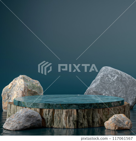 Circular Marble Platform Surrounded by Rocks and Water 117061567