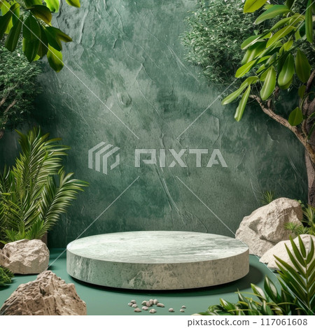 Green Stone Platform Surrounded by Tropical Plants and Rocks 117061608