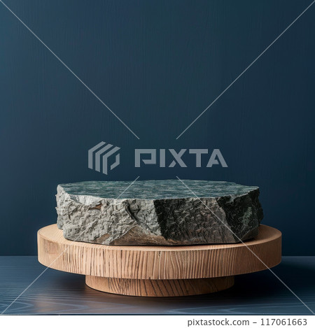 Stone and Wood Platform on a Blue Background 117061663