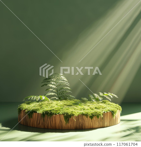Wooden Platform Covered in Moss with Green Plants and Sunlight 117061704