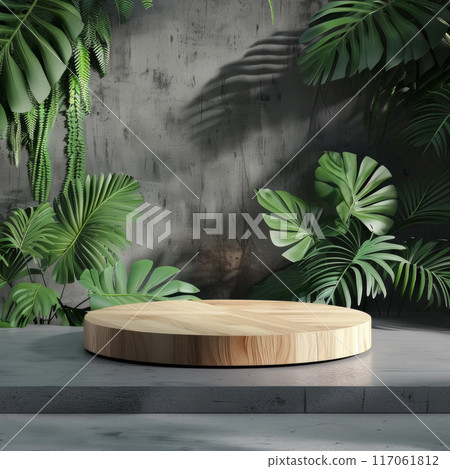 Wooden Platform Surrounded by Tropical Plants Against a Concrete Wall 117061812