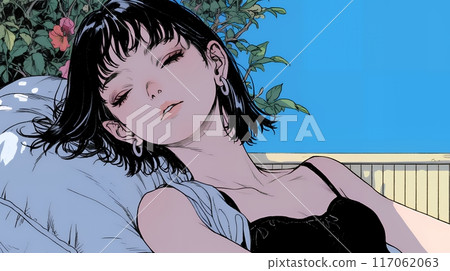 一個年輕女子帶著幸福的睡臉睡覺 117062063