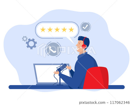 Customer service,Smiling office operators with headsets characters.on computers, 24 7 global online technical support, Call center, call processing system, Vector illustration 117062346