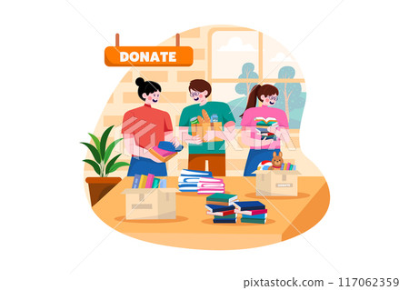 Group of volunteers sorting charity items Group of volunteers sorting charity items 117062359