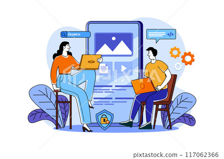 Product team programming mobile app with laptop Product team programming mobile app with laptop 117062366