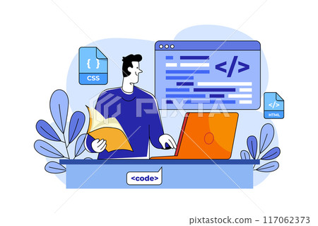 A young programmer coding on the laptop 117062373