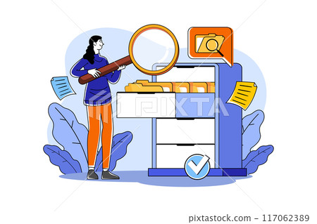 Female manager holding a magnifying glass and looking for documents in the cabinet 117062389