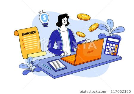 Female accountant is checking invoices at her desk 117062390