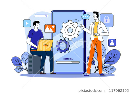 Two guys are setting up the application logic 117062393
