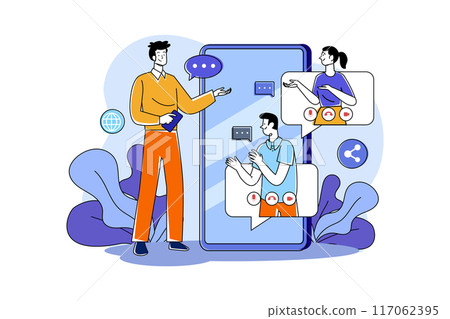 The guy with the phone is in touch with his friends 117062395