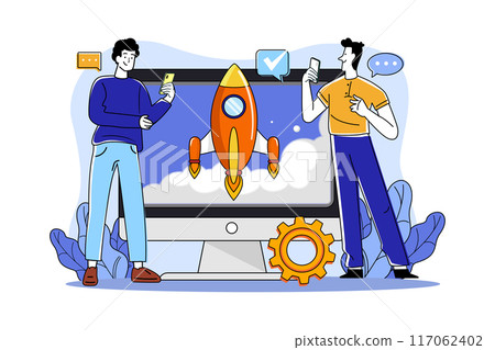 Guys are launching a startup on a virtual screen Guys are launching a startup on a virtual screen 117062402