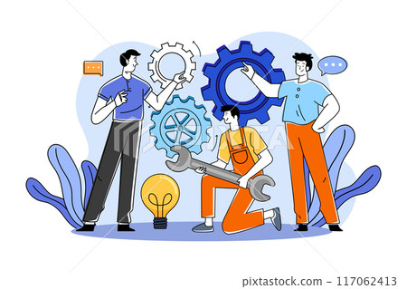 A group of workers working on projects in a team 117062413