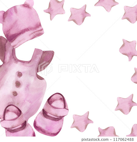 Watercolor newborn girl template with pink suit, boots,cap and stars. Hand drawn frame with kid's elements, monochrome composition for baby shower party, invitation, card design. 117062488