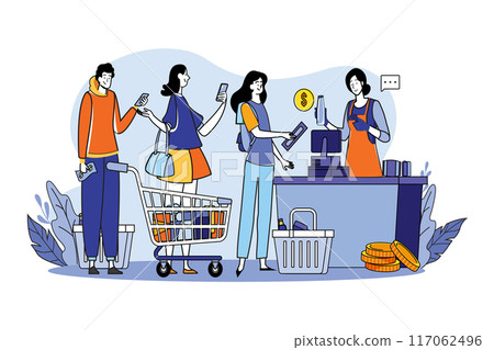 Crowd of people using gadgets waiting in line at checkout in a supermarket 117062496