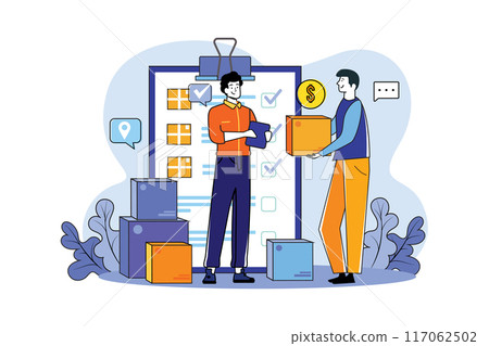 Deliveryman checking delivery order Deliveryman checking delivery order 117062502