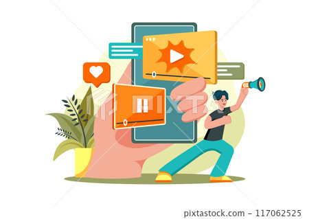 Video Marketing Illustration concept. A flat illustration isolated on white background Video Marketing Illustration concept. A flat illustration isolated on white background 117062525