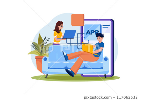 Product team programming mobile app with laptop Product team programming mobile app with laptop 117062532