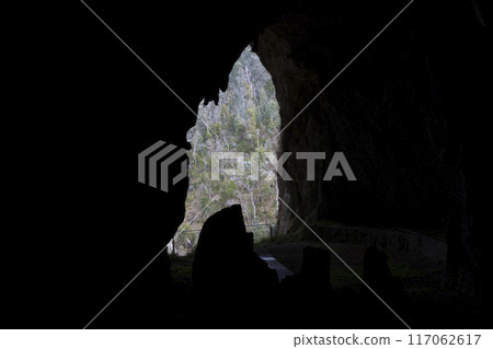 Looking out of the entrance to Yarrangobilly Caves in the Snowy Mountains 117062617