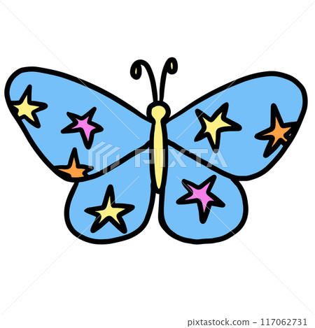 Hand drawn blue butterfly with star pattern for animal, zoo, souvenir shop, cute patches, shirt print, brooch, plush toy, kid doll, spring, summer, nature, garden, backyard, pet, decoration, insects 117062731