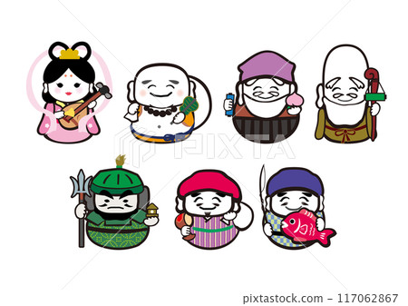 A pop deformed vector illustration of the Seven Lucky Gods with main lines 117062867