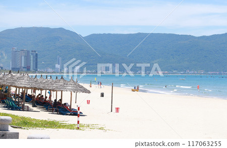 beach pavilion and My Khe beach in Da Nang, Vietnam beach pavilion and My Khe beach in Da Nang, Vietnam 117063255