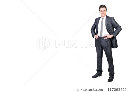Smiling man in elegant suit. White background. 117063311