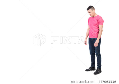 Discontent man standing in studio. White background Discontent man standing in studio. White background 117063336