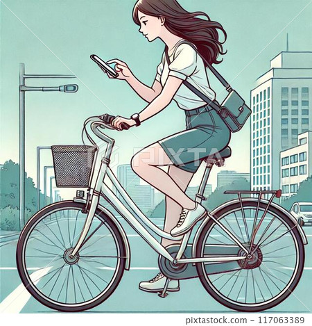 一名年輕女子騎自行車時使用智慧型手機 一名年輕女子騎自行車時使用智慧型手機 117063389