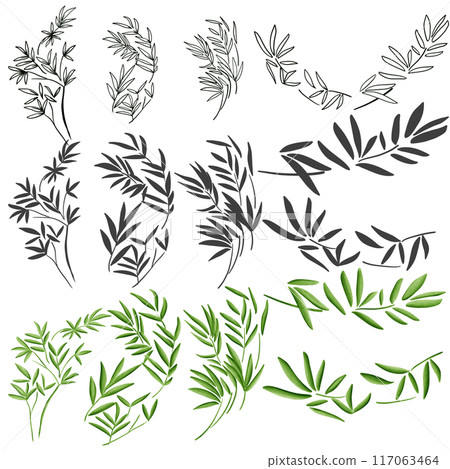 Set of illustrations of bamboo leaves and bamboo branches Set of illustrations of bamboo leaves and bamboo branches 117063464