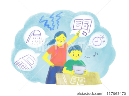 一個專注於在平板電腦上觀看影片的男孩和他憤怒的母親 一個專注於在平板電腦上觀看影片的男孩和他憤怒的母親 117063470