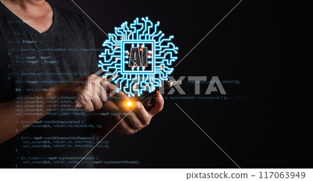 man use smartphone cloud computing system diagram. Big data storage.Digital Artificial Intelligence (AI) technology disruption concept. We are implementing storage technology support in the business. 117063949