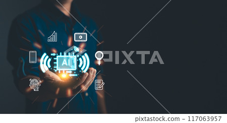 Man hold icon ai , Marketers education, research, analyze media video streaming content creation and online marketing strategies to grow their digital business. Man hold icon ai , Marketers education, research, analyze media video streaming content creation and online marketing strategies to grow their digital business. 117063957