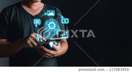 Man touch icon ai and use smartphone, Marketers education, research, analyze media video streaming content creation and online marketing strategies to grow their digital business. 117063958