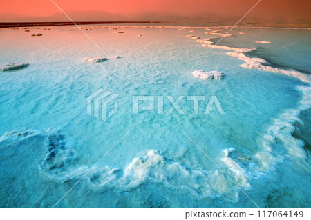 Texture of the Dead Sea. Salty sea shore at sunrise 117064149