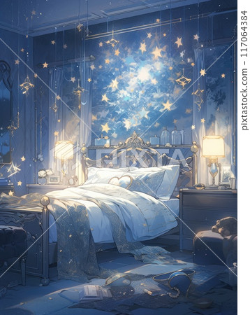 The bedroom has a luxurious bed. Under the starry night The bedroom has a luxurious bed. Under the starry night 117064384
