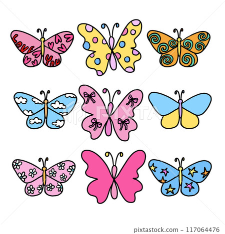 Hand drawn various butterfly designs for animal, zoo, souvenir shop, print, cute patches, shirt print, brooch, plush toy, doll, decoration, sticker, shape, standee, women fashion, accessory, picnic Hand drawn various butterfly designs for animal, zoo, souvenir shop, print, cute patches, shirt print, brooch, plush toy, doll, decoration, sticker, shape, standee, women fashion, accessory, picnic 117064476