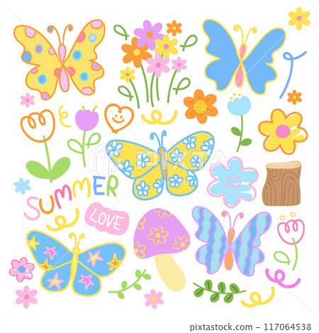 Cute spring and summer illustration of butterfly, flowers, mushroom, wood for nature, garden, floral print, blossom elements, animal print, forest, cute patches, sticker set, shirt print, picnic, park 117064538