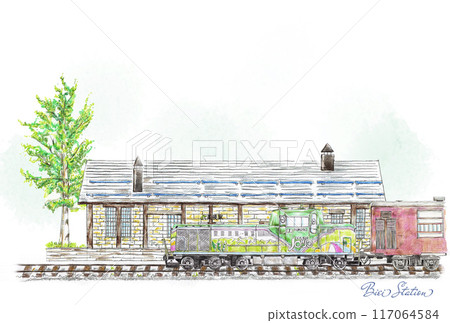 Norokko train and Biei Station drawn with colored pencils Norokko train and Biei Station drawn with colored pencils 117064584